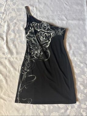 Metal Mulisha Black One-Shoulder Dress with Silver Graphic